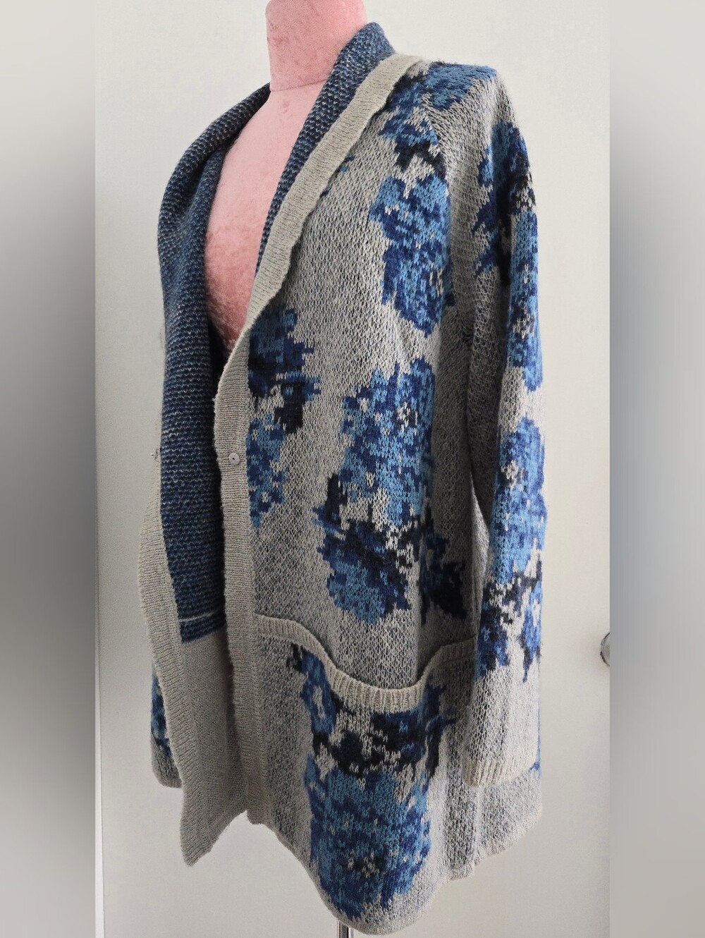 Jjill Wool Blend Duster Cardigan Shawl Collar Floral Elongated Size L